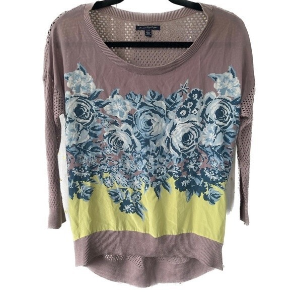 American Eagle Outfitter Silk Blend Floral Pointelle Knit Mix Media Sweater XS - Picture 1 of 5